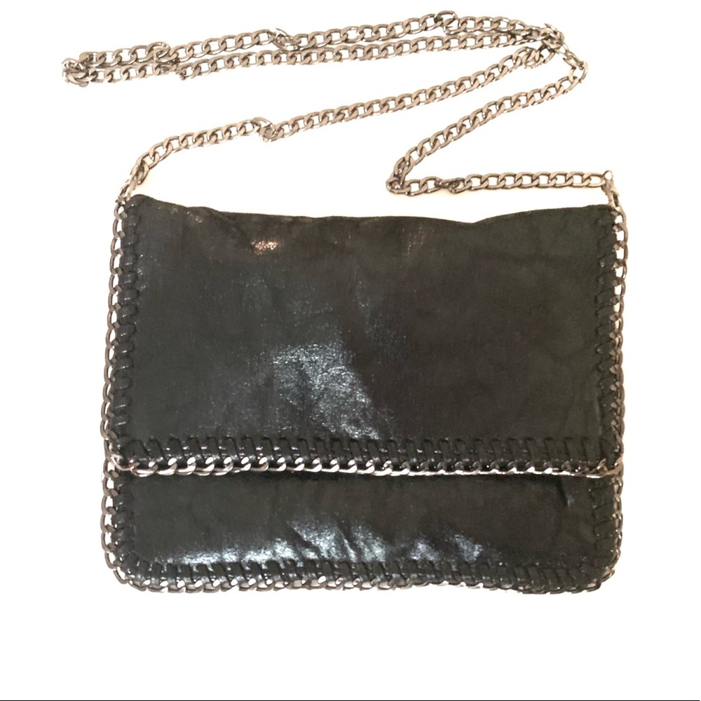 Vintage Black Fold Over Crossbody Bag w/ Silver Chain Trim